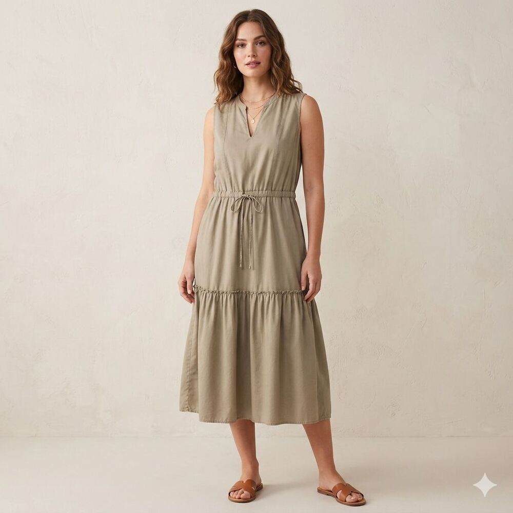 Lands' End Khaki Tencel Women's Sleeveless Tiered Midi Dress Split V-Neck Size L